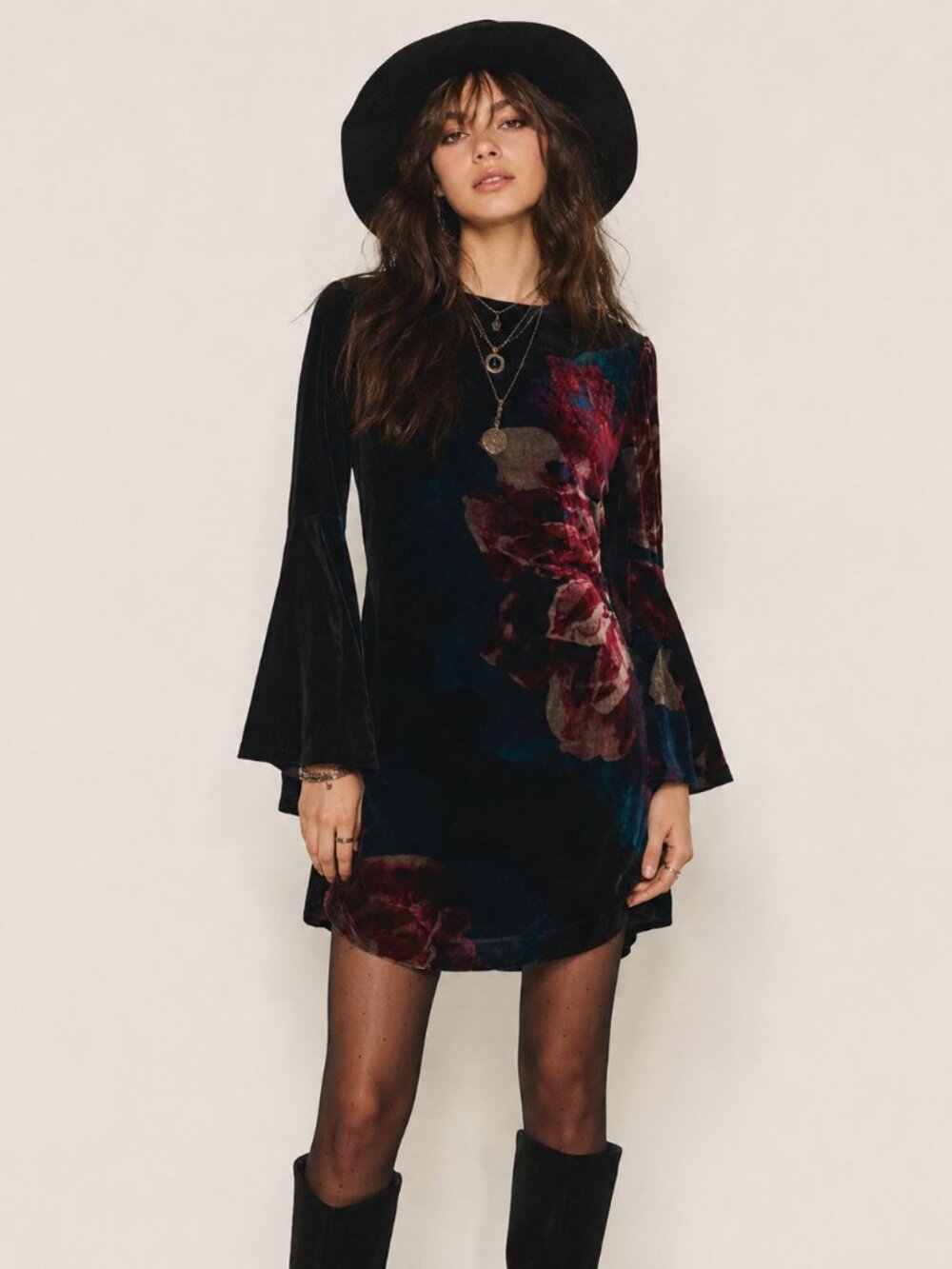 Trina Turk Astral Velvet Dark Floral Mini Dress Large XL Moody Bell Sleeve Silk
